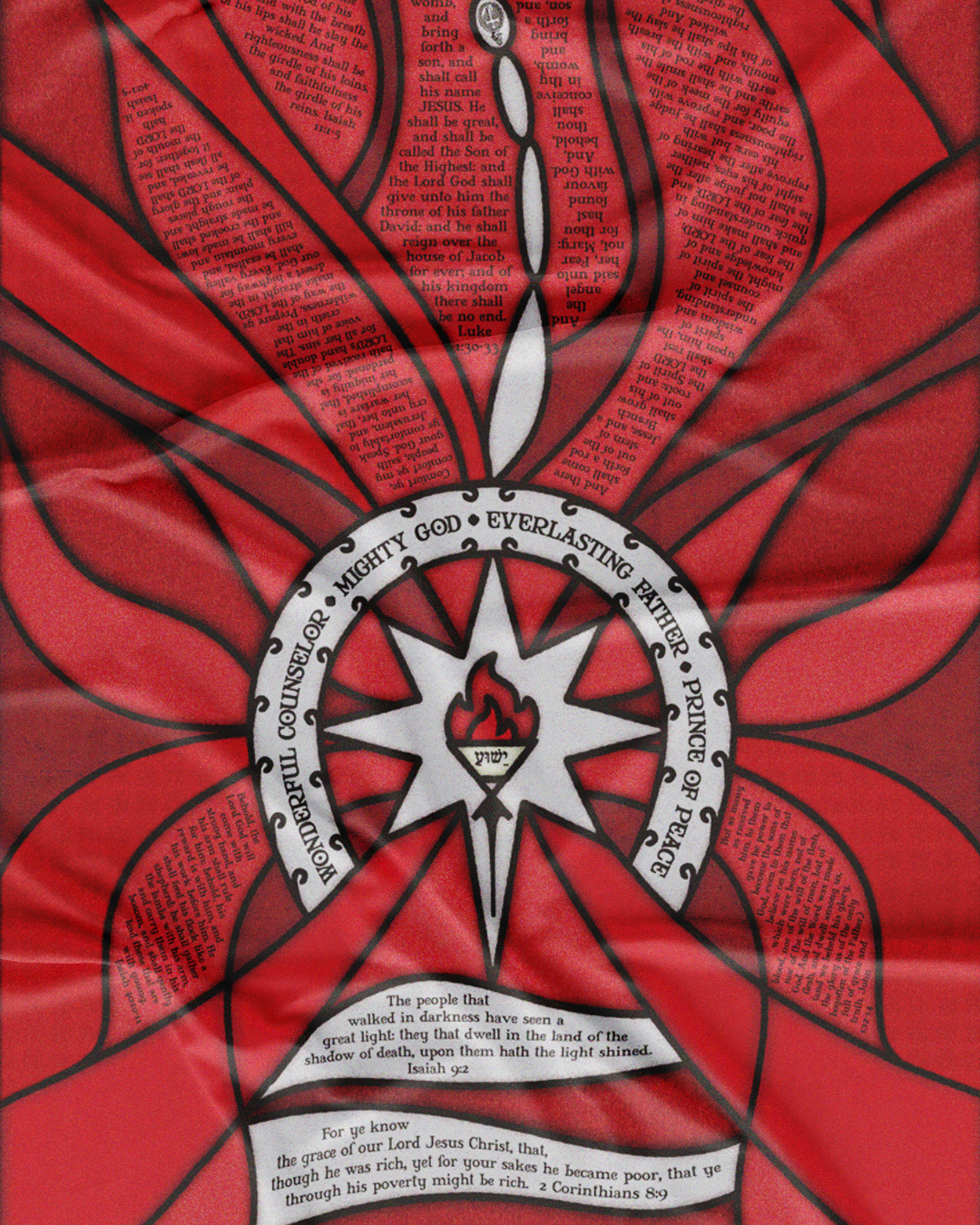 Close-up of the red Advent Prayer Scarf by Prayer Scarves® showing stained-glass–style segments, black lead-style outlines, a central flame symbol with Hebrew lettering, and surrounding printed scripture text. Advent scarf, Christian Christmas gift, Nativity scripture shawl, Advent devotional scarf, holiday prayer gift