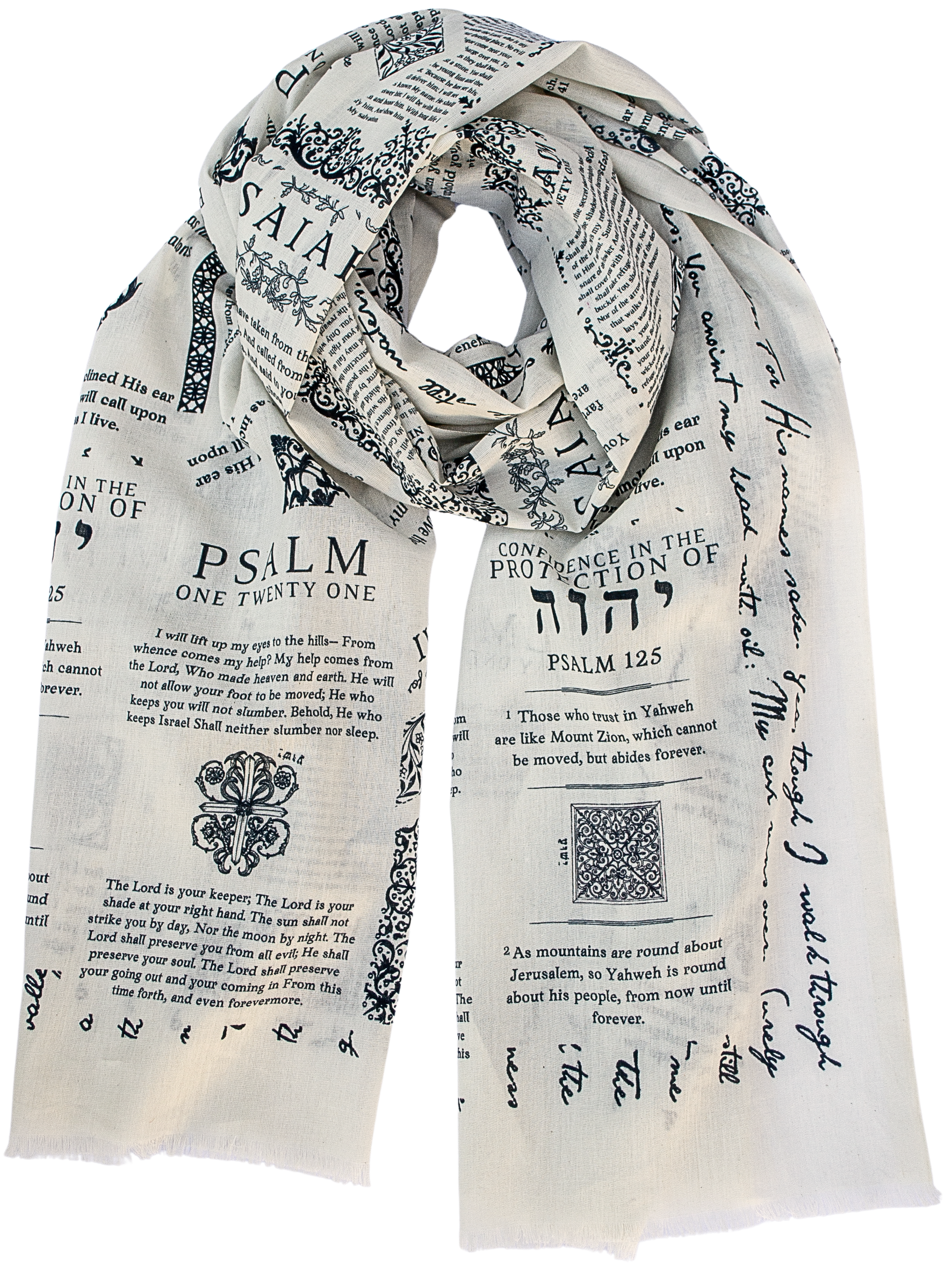 Cotton protection prayer scarf by Prayer Scarves® in ivory, shown looped to display Scripture passages about God’s protection, made from organic cotton