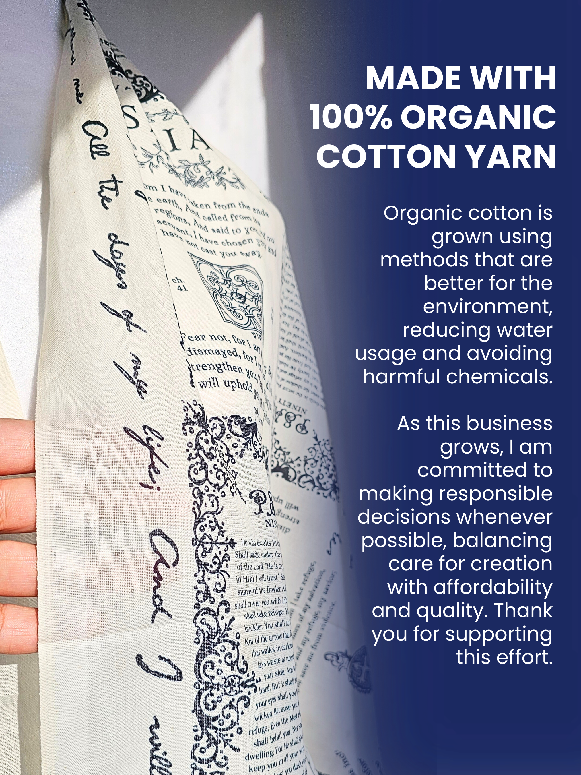 Cotton protection prayer scarf by Prayer Scarves® shown in a close-up detail, made with organic cotton yarn and featuring Scripture passages about God’s protection