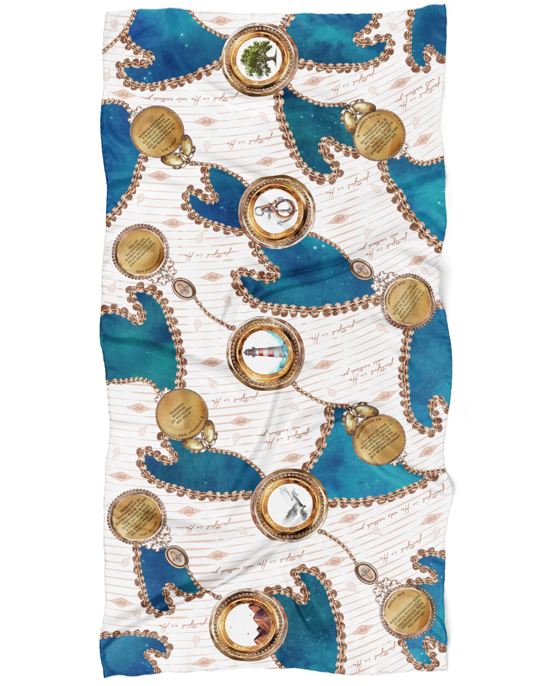 Faithfulness Prayer Scarf by Prayer Scarves® laid flat to show the full design, featuring blue and teal panels, repeating gold chain patterns, circular medallion imagery, handwritten-style script elements, and multiple sections of printed scripture text.