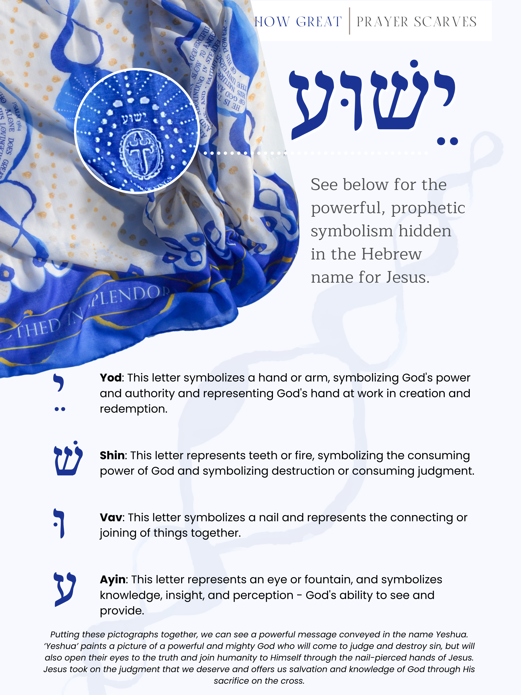Informational graphic for the How Great Prayer Scarf by Prayer Scarves® showing a close-up of the scarf’s blue and cream design with calligraphic motifs, the Hebrew name Yeshua displayed in large lettering, and explanatory text describing the Hebrew letters and their symbolic meanings as presented in the design.