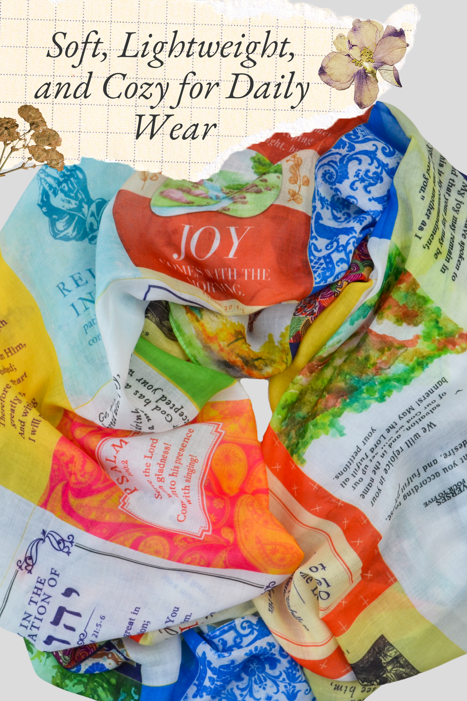 Joy Prayer Scarves® shown folded to highlight its soft, lightweight fabric and colorful Scripture panels centered on joy, praise, and daily reflection in God’s Word