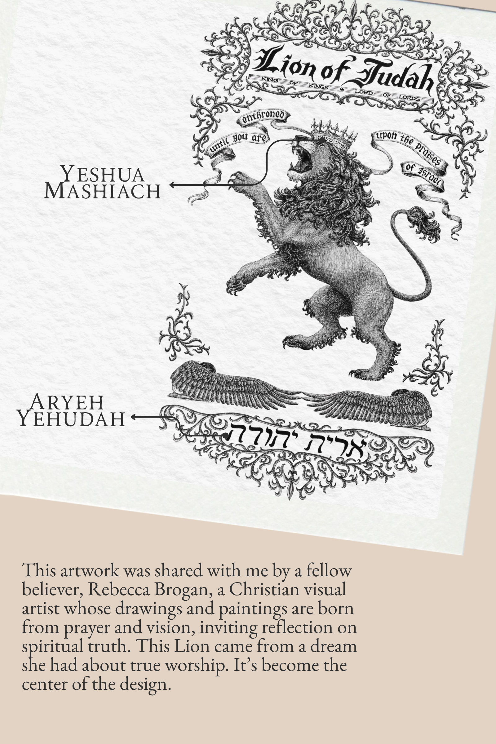 A detailed black-and-white illustration of the Lion of Judah, which serves as the central artwork for the Names of God protection prayer scarf. The Prayer Scarves® design includes the Hebrew text "Aryeh Yehudah" and is surrounded by Scripture context regarding the strength and kingship of Yeshua Mashiach.
