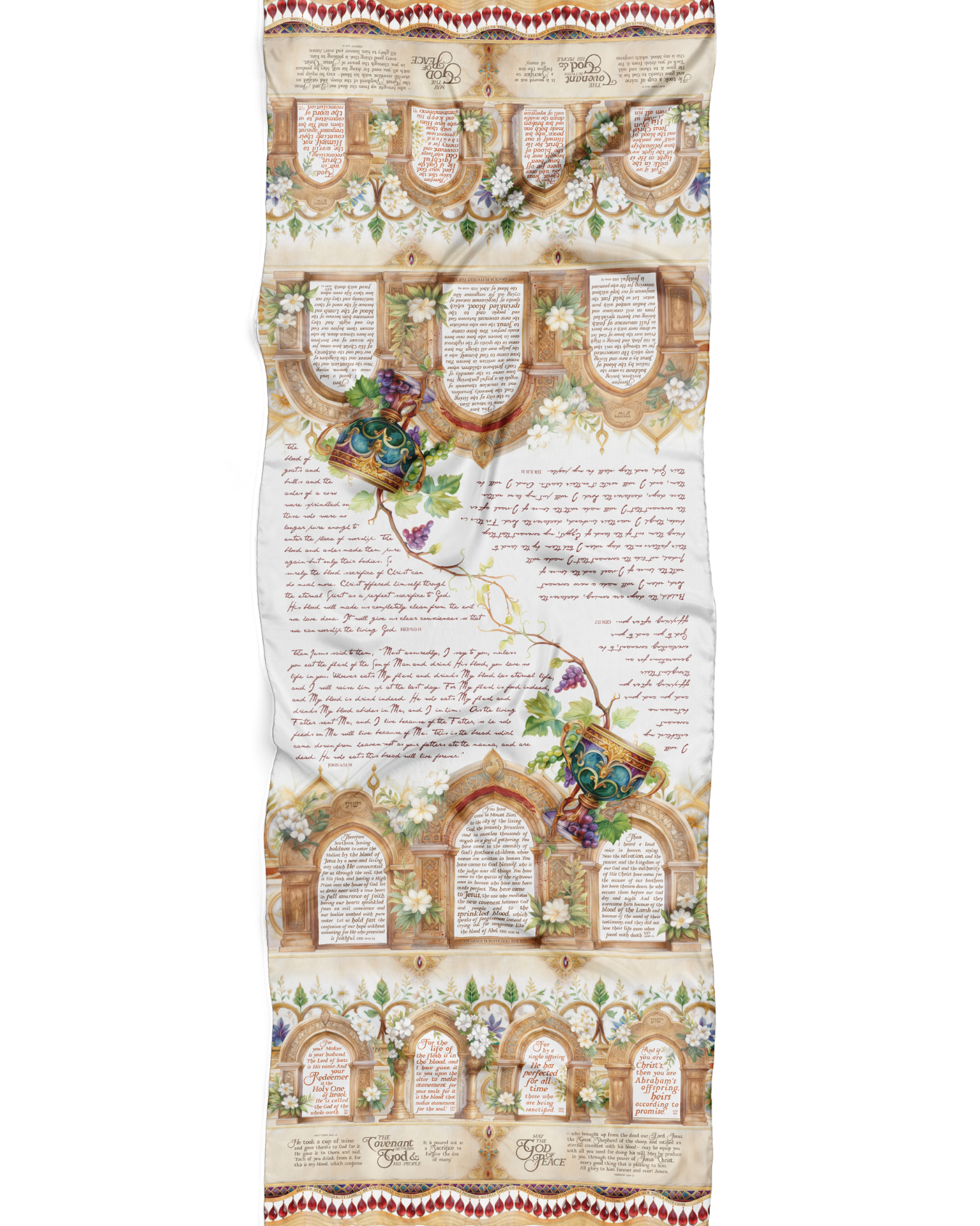 Covenant prayer scarf by Prayer Scarves® shown laid flat, displaying a full-length design with ornate arches, floral accents, illustrated chalices connected by vines, and extensive scripture text arranged throughout the fabric.