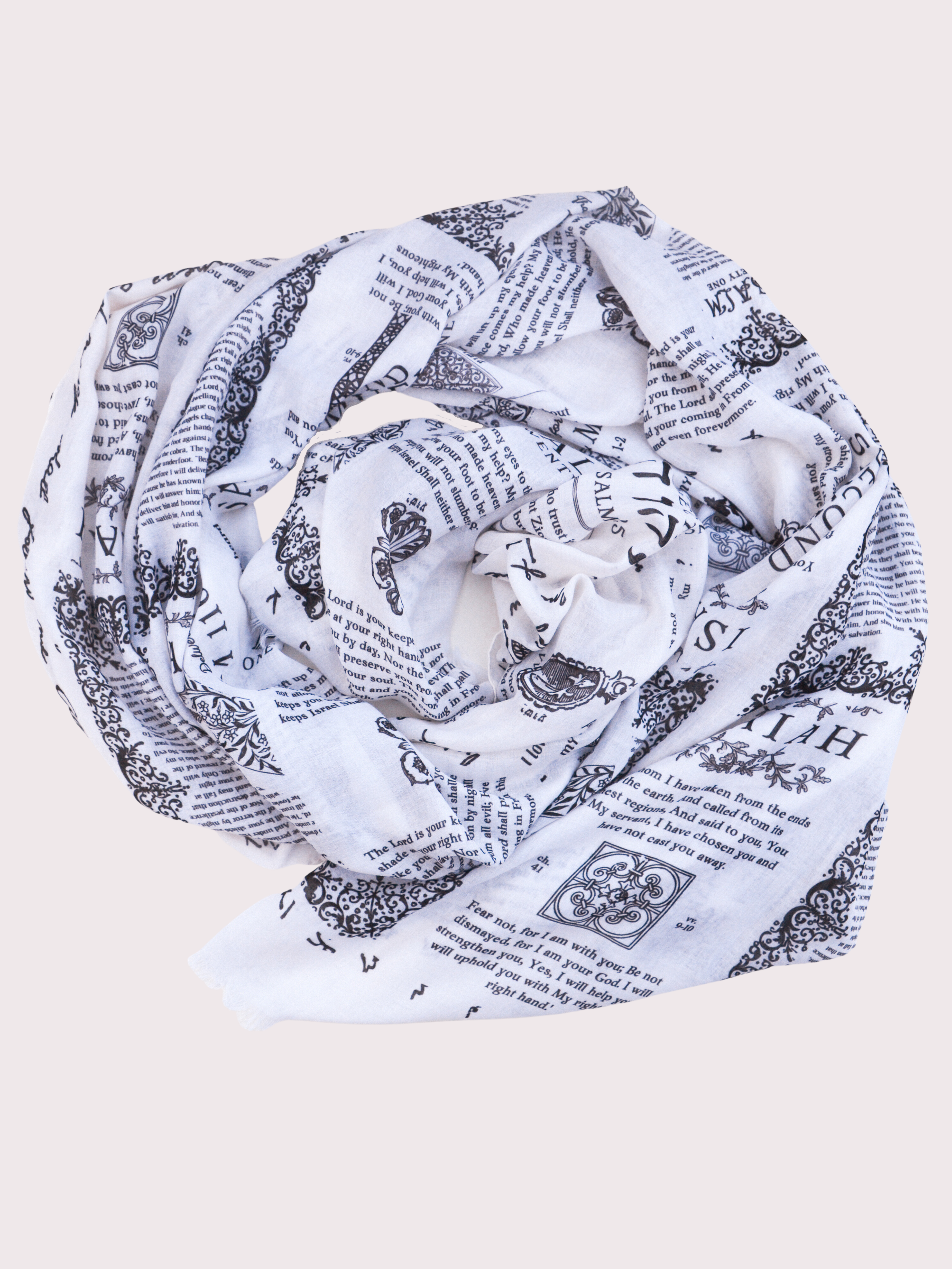 Protection prayer scarf by Prayer Scarves® in ivory, shown folded to highlight Scripture passages about God’s protection from Psalms and Isaiah, emphasizing the detailed design and soft fabric
