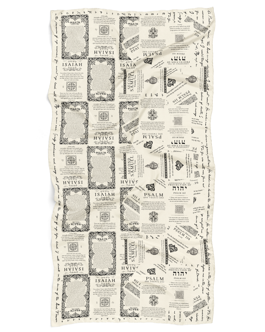 Protection prayer scarf by Prayer Scarves® in ivory, shown laid flat to display the full Scripture layout featuring passages about God’s protection from Psalms, Isaiah, and Second Samuel
