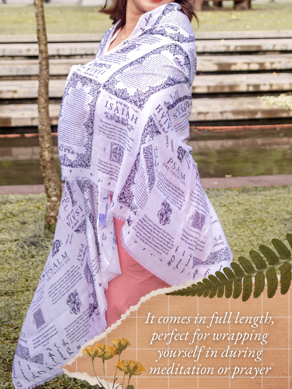 Protection prayer scarf by Prayer Scarves® in ivory, shown in full length and worn wrapped around the body, featuring Scripture passages about God’s protection and designed for prayerful reflection and meditation