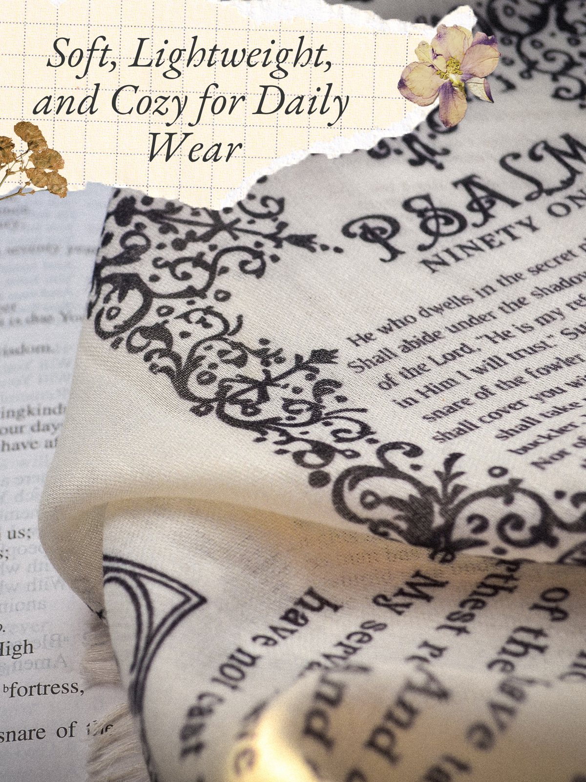 Protection prayer scarf by Prayer Scarves® in ivory, showing a close-up fabric detail with Scripture from Psalm 91, highlighting its soft, lightweight design for daily wear and reflection