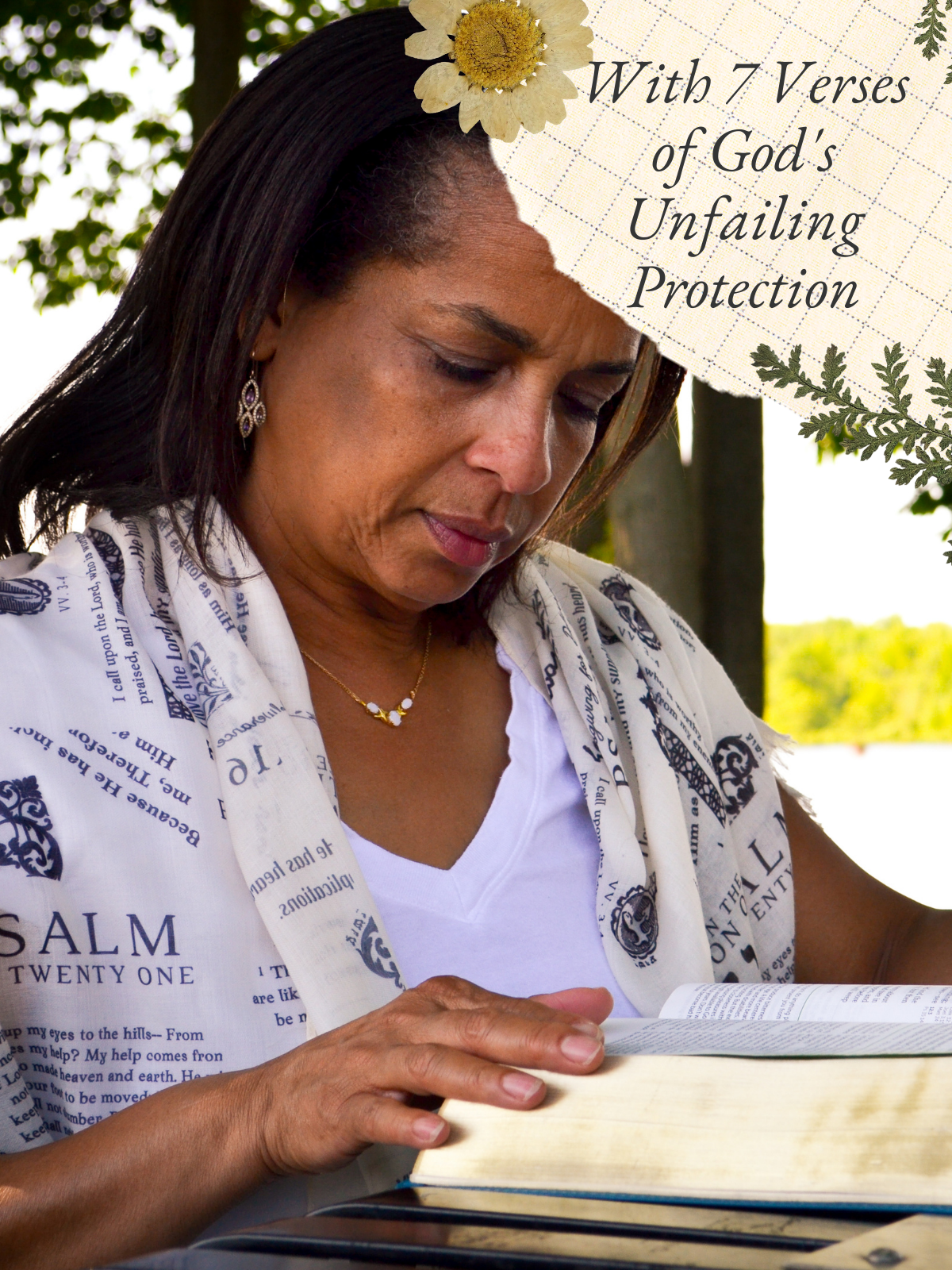 Protection prayer scarf by Prayer Scarves® in ivory, worn as a head covering outdoors, featuring Scripture passages about God’s protection from Psalms, Isaiah, and Second Samuel, shown as a visual reminder of prayer and trust in God