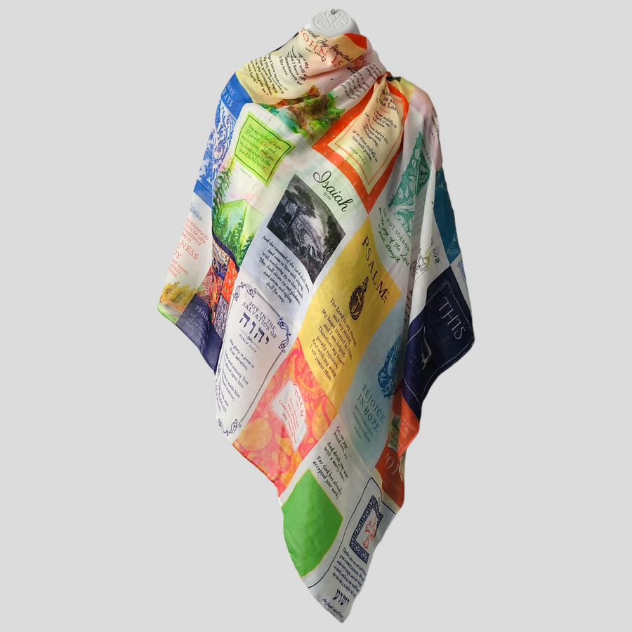 Joy prayer scarf by Prayer Scarves® shown on a display form, featuring colorful Scripture panels centered on joy, gratitude, and rejoicing in God’s Word