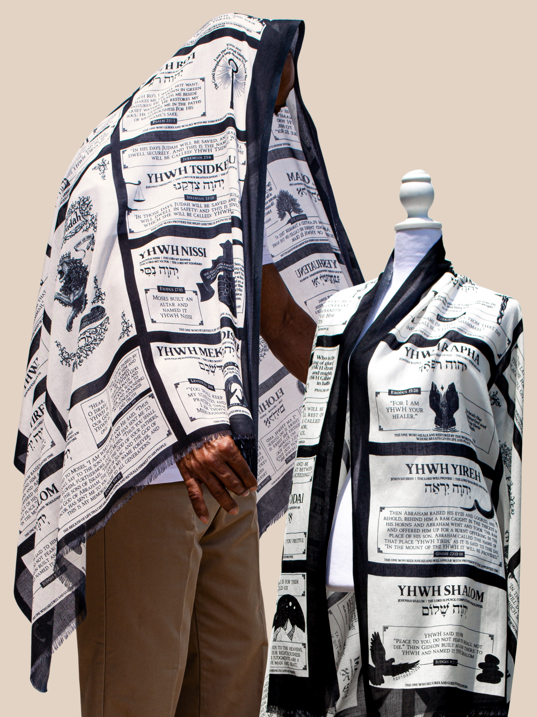 A white and black Names of God protection prayer scarf displayed in two ways: draped over the head and shoulders of a man and styled on a mannequin. The fabric of the Prayer Scarves® features a grid pattern containing various Hebrew names for God and Scripture passages about God’s protection, character, and provision.