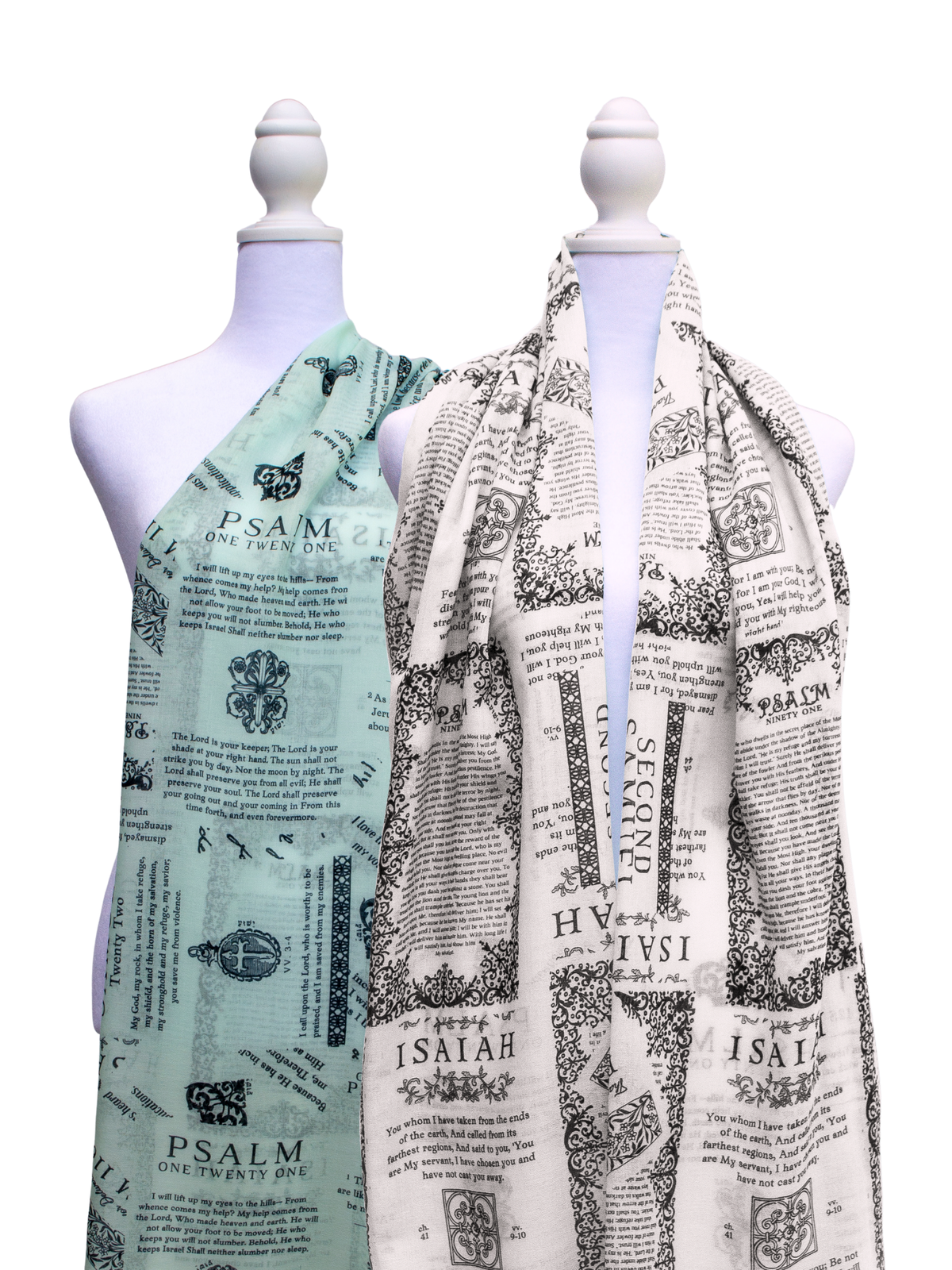 Protection prayer scarf by Prayer Scarves® shown in honeydew green and ivory, featuring Scripture passages about God’s protection from Psalms and Isaiah, presented together as a visual reminder of prayer and trust in God