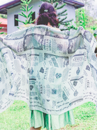 Protection prayer scarf by Prayer Scarves® in honeydew green, worn open across the shoulders, displaying Scripture passages about God’s protection from Psalms, Isaiah, and Second Samuel as a reminder of prayer and trust in God